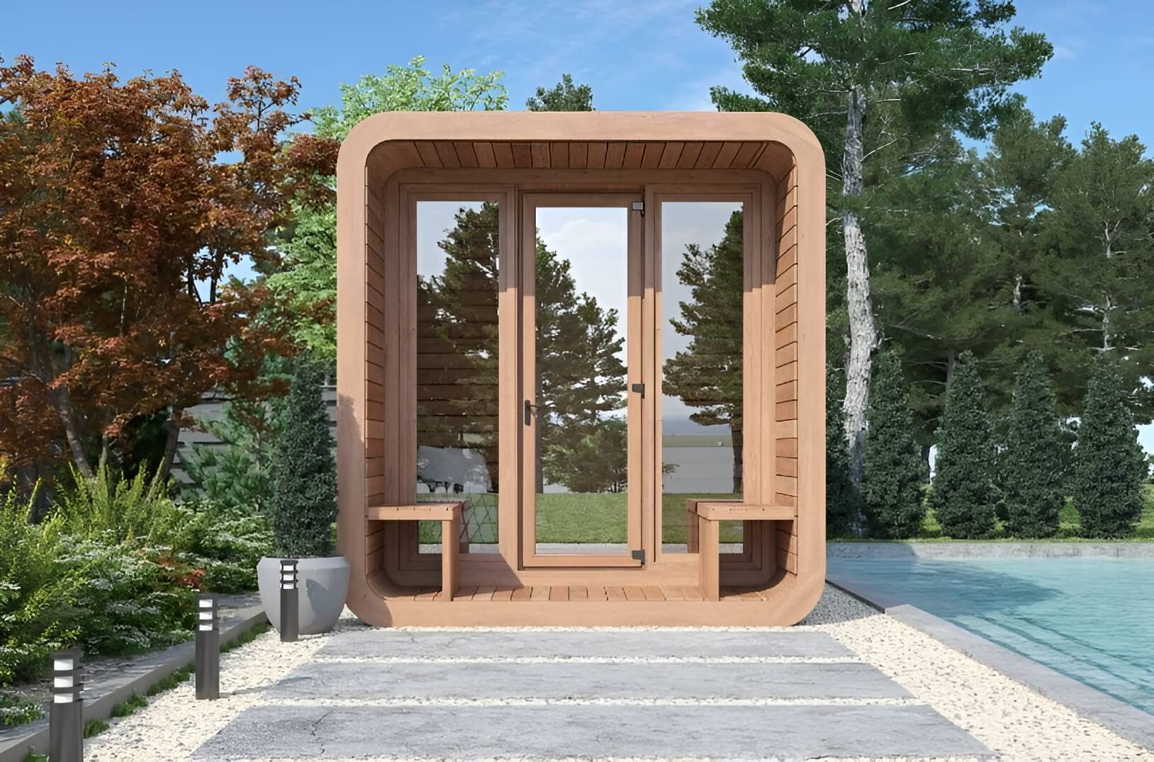 Мобильная баня Panorama S (с крыльцом и скамейками)