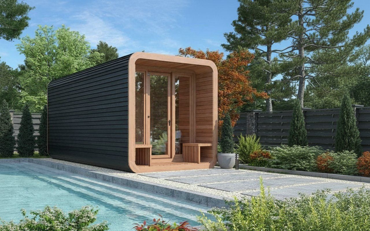 Мобильная баня Panorama M (с крыльцом и скамейками)